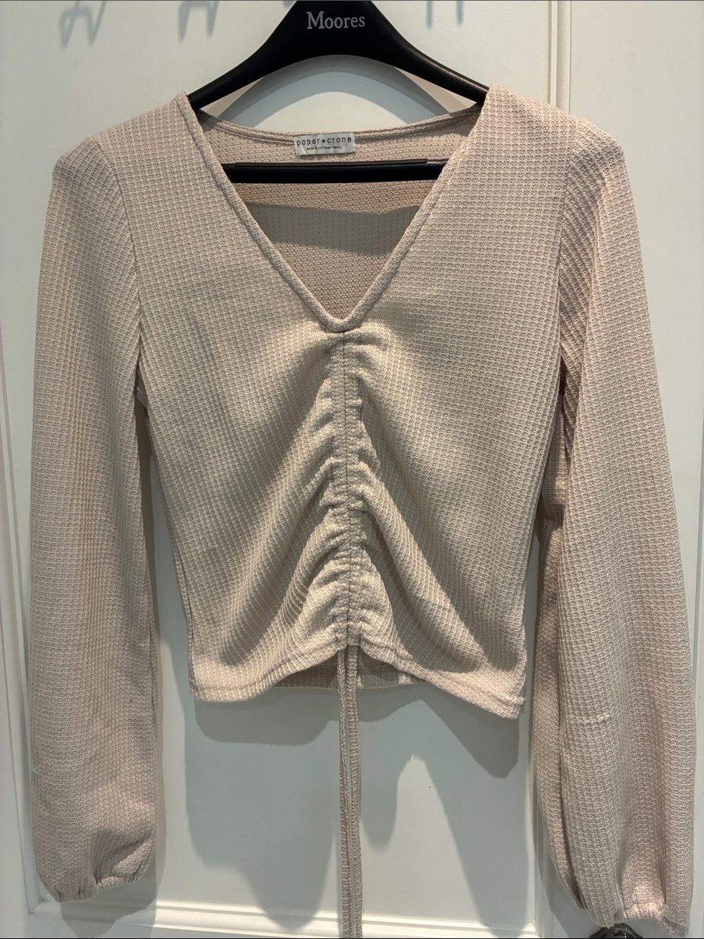 Paper Crane Light Beige/pink Ruched V-Neck Crop Top